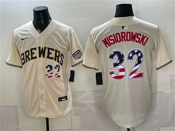 Men's Milwaukee Brewers 32 Jacob Misiorowski Cream 2026 USA 250 Fourth of July Home Stadium Stitched Baseball Jersey