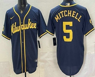 Men's Milwaukee Brewers 5 Garrett Mitchell Navy Blue Stitched Cool Base Jersey Men's Milwaukee Brewers 5 Garrett Mitchell Navy Blue Stitched Cool Base Jersey