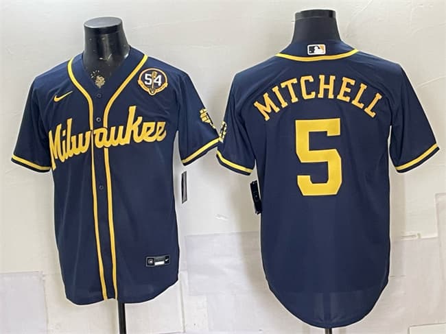 Men's Milwaukee Brewers 5 Garrett Mitchell Navy With Home Bob Uecker Patch Limited Stitched Baseball Jersey