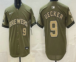 Men's Milwaukee Brewers 9 Bob Uecker Olive 2026 Armed Forces Day Jersey