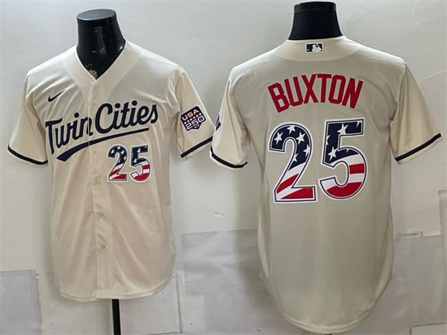 Men's Minnesota Twins 25 Byron Buxton Cream 2026 USA 250 Fourth of July Stitched Baseball Jersey