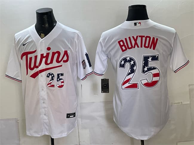 Men's Minnesota Twins 25 Byron Buxton White 2026 USA 250 Fourth of July Stitched Baseball Jersey
