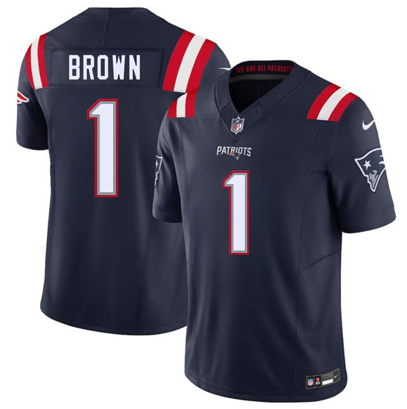 Men's New England Patriots 1 A.J. Brown Navy 2026 Draft F.U.S.E. Vapor Limited Football Stitched Jersey