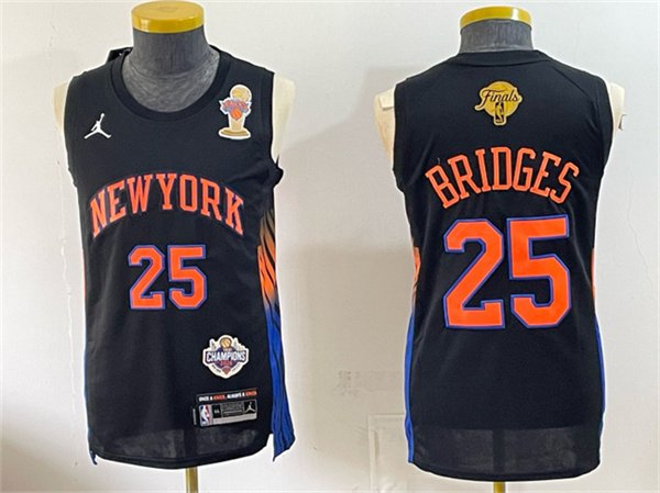 Men's New Yok Knicks 25 Mikal Bridges Black 2026 Finals Champions Patch Statement Edition Stitched Jersey