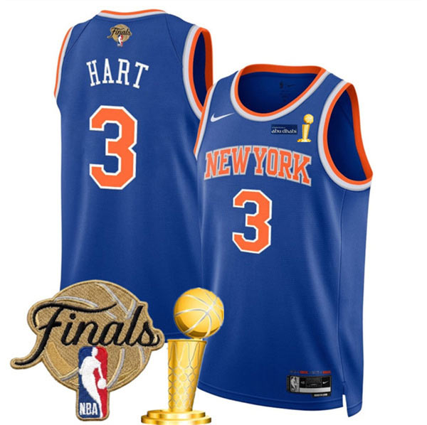 Men's New Yok Knicks 3 Josh Hart Blue 2026 Finals Patch And Finals Champions Patch Icon Edition Stitched Basketball Jersey