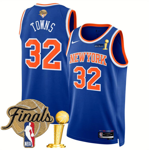 Men's New Yok Knicks 32 Karl Anthony Towns Blue 2026 Finals Patch And Finals Champions Patch Icon Edition Stitched Basketball Jersey