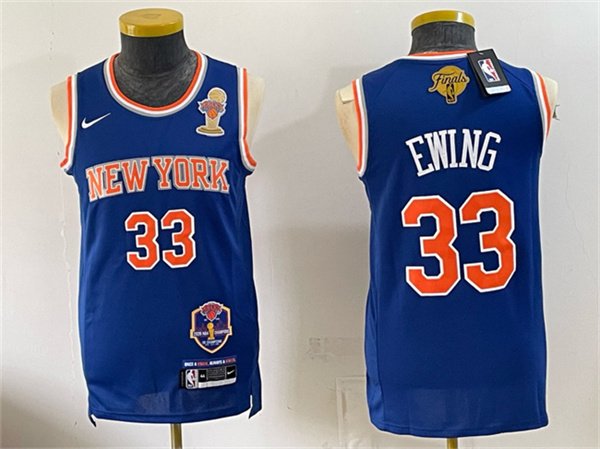 Men's New Yok Knicks 33 Patrick Ewing Blue 2026 Finals Champions Patch Stitched Jersey