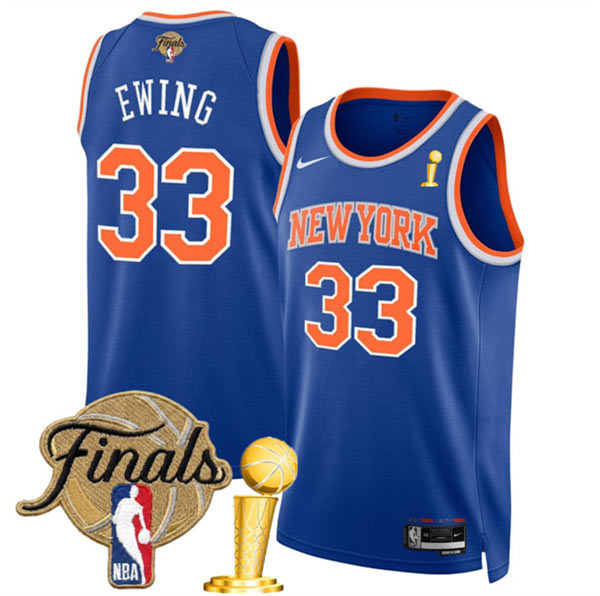 Men's New Yok Knicks 33 Patrick Ewing Blue 2026 Finals Patch And Finals Champions Patch Icon Edition Stitched Basketball Jersey