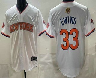 Men's New Yok Knicks 33 Patrick Ewing White 2026 Finals Patch Stitched Baseball Jersey