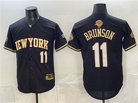 Men's New York Knicks 11 Jalen Brunson Black Gold 2026 Finals Patch Stitched Baseball Jersey