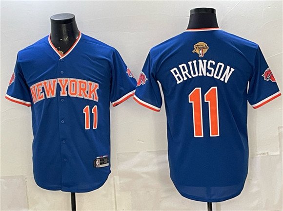 Men's New York Knicks 11 Jalen Brunson Blue 2026 Finals Patch Stitched Baseball Jersey