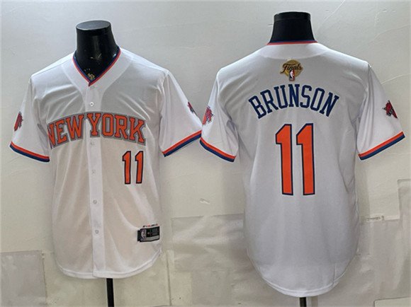 Men's New York Knicks 11 Jalen Brunson White 2026 Finals Patch Stitched Baseball Jersey Men's New York Knicks 11 Jalen Brunson White 2026 Finals Patch Stitched Baseball Jersey