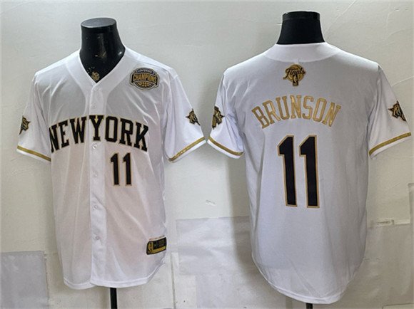 Men's New York Knicks 11 Jalen Brunson White Gold 2026 Finals Eastern Conference Champions Patch Stitched Baseball Jersey Men's New York Knicks 11 Jalen Brunson White Gold 2026 Finals Eastern Conference Champions Patch Stitched Baseball Jersey