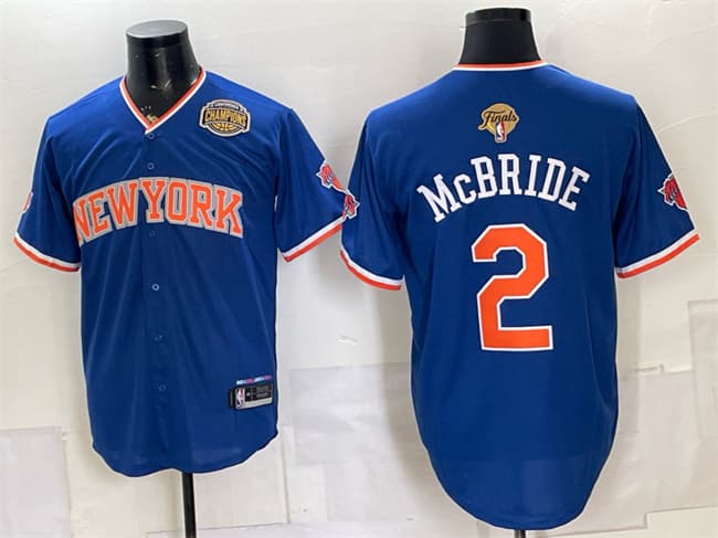 Men's New York Knicks 2 Miles McBride Blue 2026 Finals Eastern Conference Champions Patch Stitched Baseball Jersey Men's New York Knicks 2 Miles McBride Blue 2026 Finals Eastern Conference Champions Patch Stitched Baseball Jersey