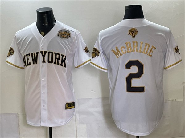 Men's New York Knicks 2 Miles McBride White Gold 2026 Finals Eastern Conference Champions Patch Stitched Baseball Jersey