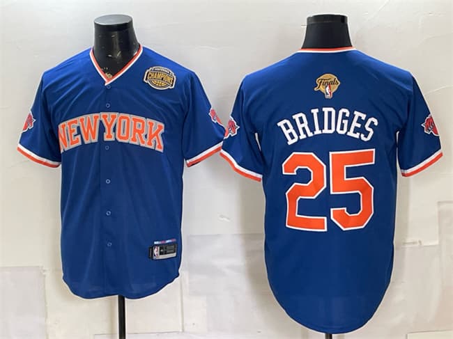Men's New York Knicks 25 Mikal Bridges Blue 2026 Finals Eastern Conference Champions Patch Stitched Baseball Jersey