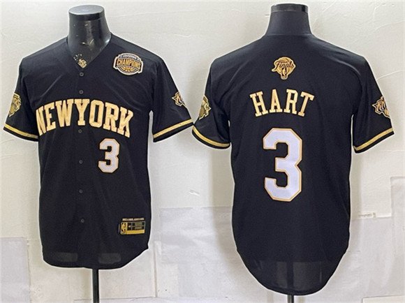 Men's New York Knicks 3 Josh Hart Black Gold 2026 Finals Eastern Conference Champions Patch Stitched Baseball Jersey