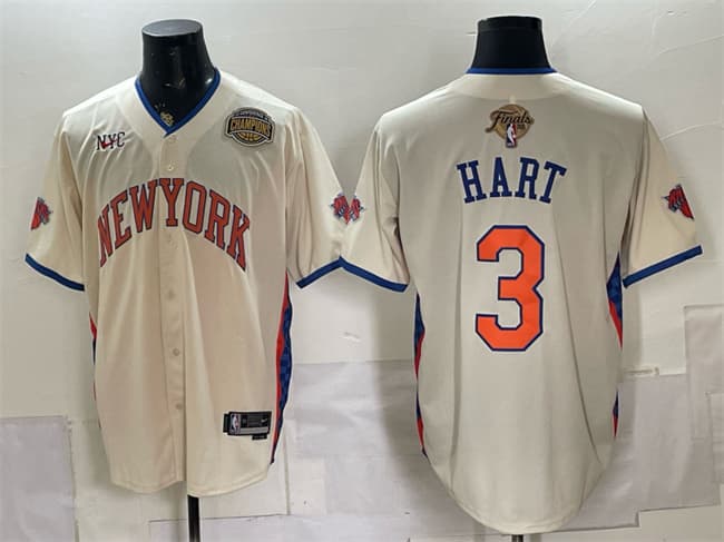 Men's New York Knicks 3 Josh Hart Cream 2026 Finals Eastern Conference Champions Patch Stitched Baseball Jersey Men's New York Knicks 3 Josh Hart Cream 2026 Finals Eastern Conference Champions Patch Stitched Baseball Jersey