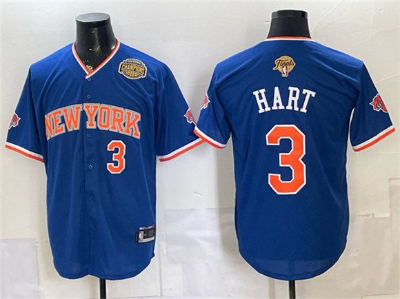 Men's New York Knicks 3 Josh Hart Royal 2026 Finals Eastern Conference Champions Patch Stitched Baseball Jersey