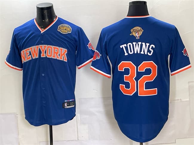 Men's New York Knicks 32 Karl Anthony Towns Blue 2026 Finals Eastern Conference Champions Patch Stitched Baseball Jersey