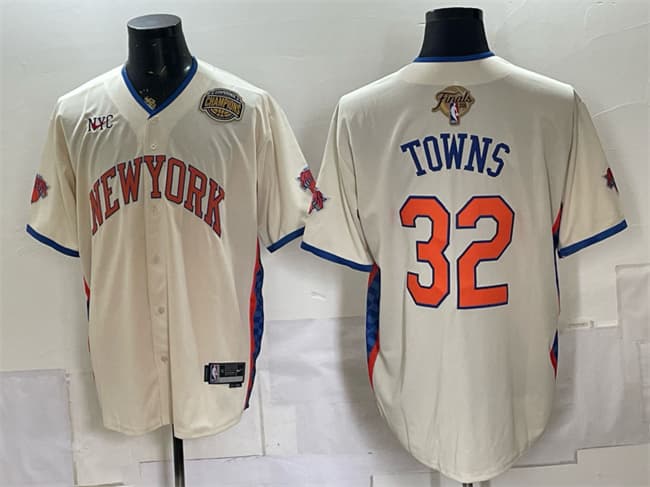 Men's New York Knicks 32 Karl Anthony Towns Cream 2026 Finals Eastern Conference Champions Patch Stitched Baseball Jersey