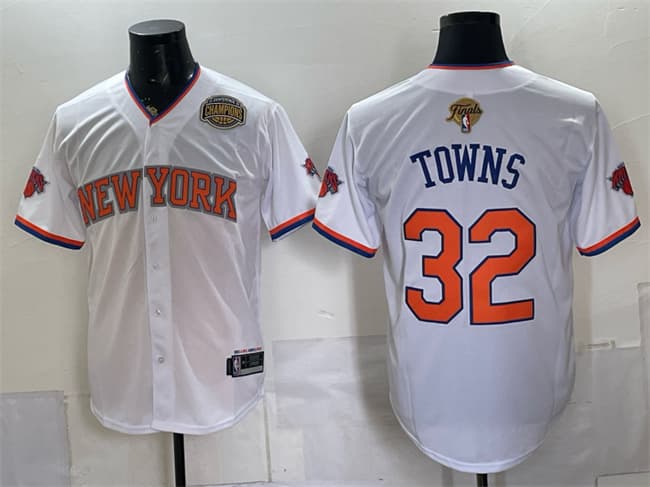 Men's New York Knicks 32 Karl Anthony Towns White 2026 Finals Eastern Conference Champions Patch Stitched Baseball Jersey