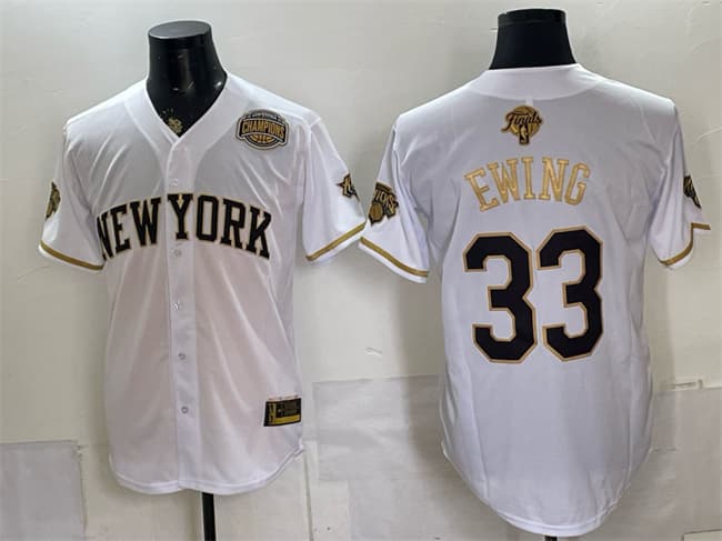 Men's New York Knicks 33 Patrick Ewing White Gold 2026 Finals Eastern Conference Champions Patch Stitched Baseball Jersey
