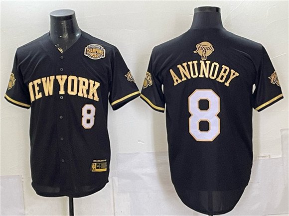 Men's New York Knicks 8 OG Anunoby Black Gold 2026 Finals Eastern Conference Champions Patch Stitched Baseball Jersey
