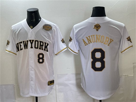 Men's New York Knicks 8 OG Anunoby White Gold 2026 Finals Eastern Conference Champions Patch Stitched Baseball Jersey