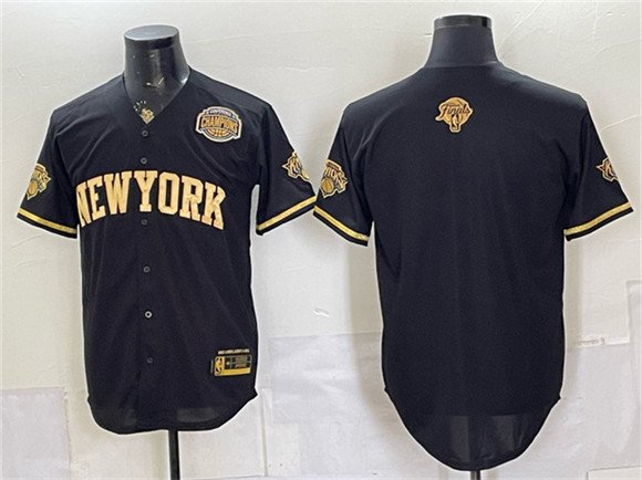 Men's New York Knicks Blank Black Gold 2026 Finals Eastern Conference Champions Patch Stitched Baseball Jersey Men's New York Knicks Blank Black Gold 2026 Finals Eastern Conference Champions Patch Stitched Baseball Jersey