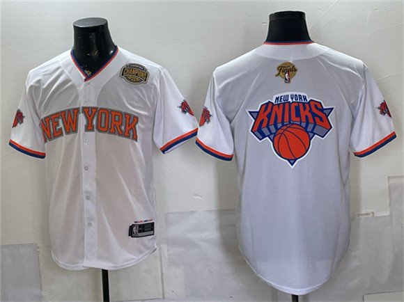 Men's New York Knicks Team Big Logo White 2026 Finals Eastern Conference Champions Patch Stitched Baseball Jersey Men's New York Knicks Team Big Logo White 2026 Finals Eastern Conference Champions Patch Stitched Baseball Jersey