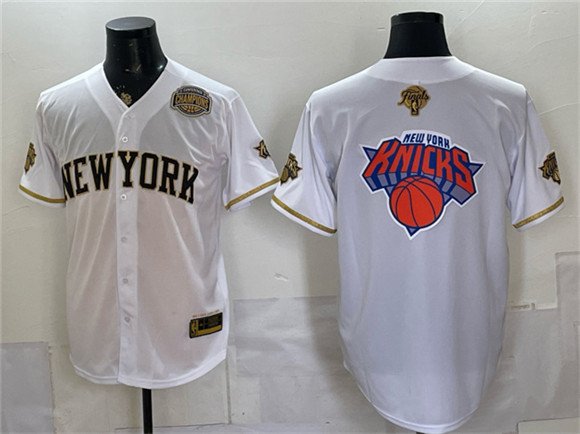 Men's New York Knicks Team Big Logo White Gold 2026 Finals Eastern Conference Champions Patch Stitched Baseball Jersey