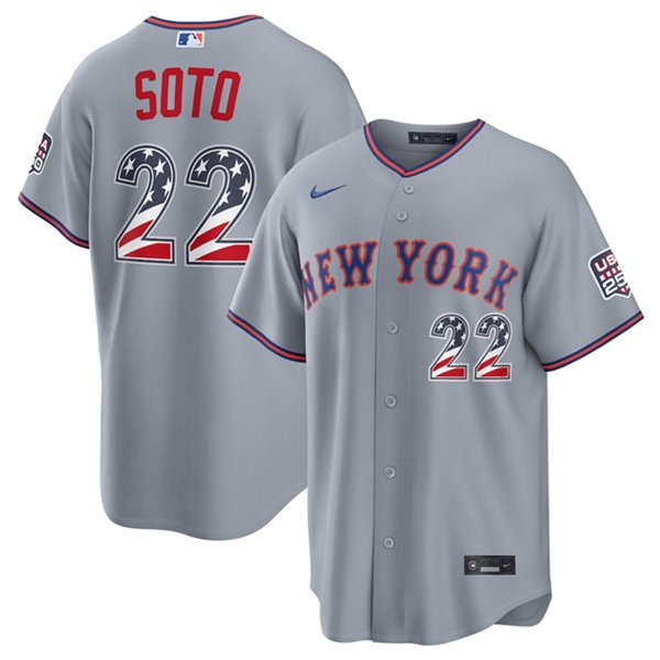 Men's New York Mets 22 Juan Soto Gray USA 250 Fourth of July Home Stitched Baseball Jersey