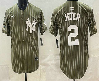 Men's New York Yankees 2 Derek Jeter Olive Pinstripe 2026 Armed Forces Day Salute To Service Jersey