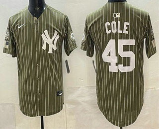Men's New York Yankees 45 Gerrit Cole Olive Pinstripe 2026 Armed Forces Day Salute To Service Jersey