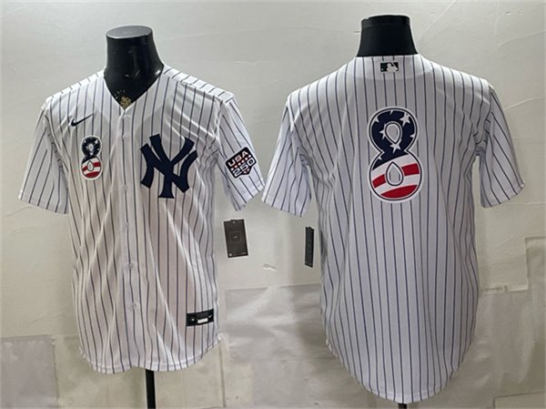 Men's New York Yankees 8 Yogi Berra White 2026 USA 250 Fourth of July Home Stadium Stitched Baseball Jersey