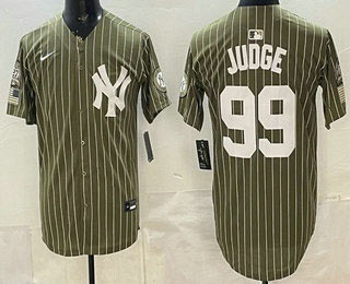 Men's New York Yankees 99 Aaron Judge Olive Pinstripe 2026 Armed Forces Day Salute To Service Jersey