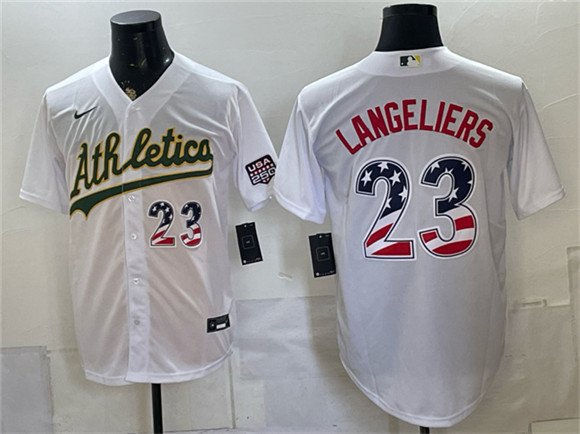 Men's Oakland Athletics 23 Shea Langeliers White 250 Fourth of July Home Stadium Stitched Baseball Jersey