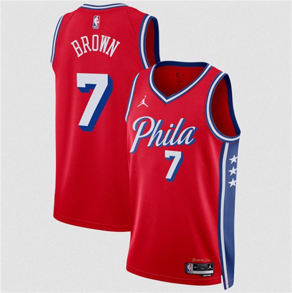 Men's Philadelphia 76ers 7 Jaylen Brown Red 2026 Statement Edition Stitched Jersey Men's Philadelphia 76ers 7 Jaylen Brown Red 2026 Statement Edition Stitched Jersey