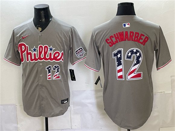 Men's Philadelphia Phillies 12 Kyle Schwarber Gray USA 250 Fourth of July Home Stitched Jersey