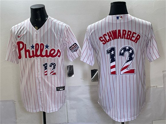 Men's Philadelphia Phillies 12 Kyle Schwarber White USA 250 Fourth of July Home Stitched Baseball Jersey