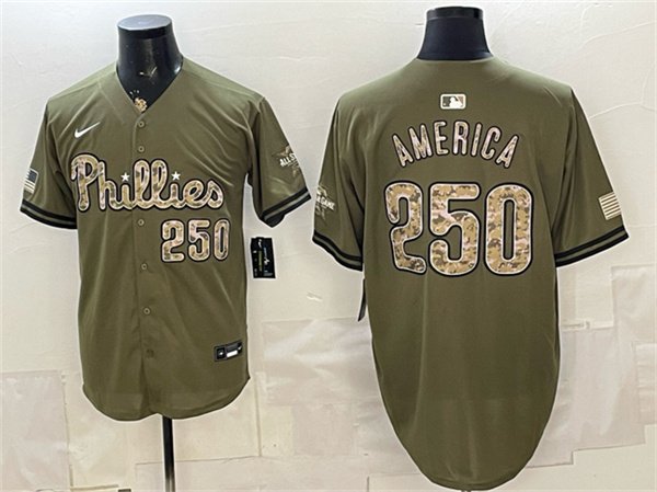 Men's Philadelphia Phillies 250 America Olive 2026 Armed Forces Day Stitched Baseball Jersey