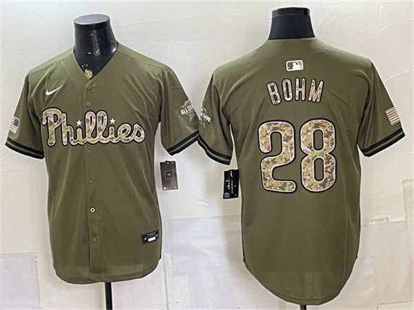 Men's Philadelphia Phillies 28 Alec Bohm Olive 2026 Armed Forces Day Stitched Baseball Jersey