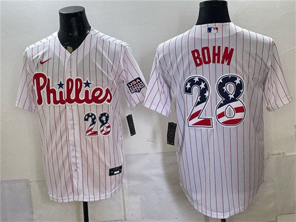 Men's Philadelphia Phillies 28 Alec Bohm White USA 250 Fourth of July Home Stitched Baseball Jersey