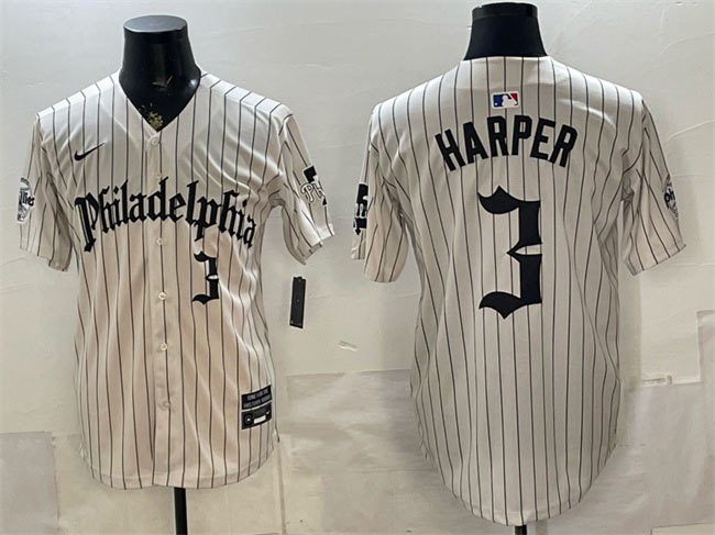 Men's Philadelphia Phillies 3 Bryce Harper Cream Pinstripe Gothic Vapor Limited Stitched Jersey