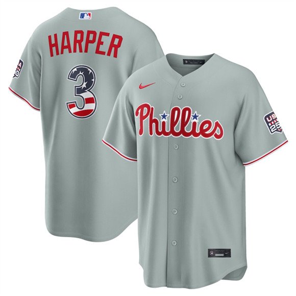 Men's Philadelphia Phillies 3 Bryce Harper Gray USA 250 Fourth of July Home Stitched Baseball Jersey