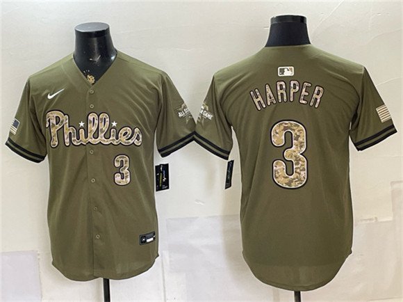 Men's Philadelphia Phillies 3 Bryce Harper Olive 2026 Armed Forces Day Stitched Jersey