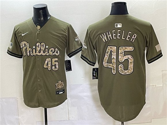 Men's Philadelphia Phillies 45 Zack Wheeler Olive 2026 Armed Forces Day Stitched Jersey