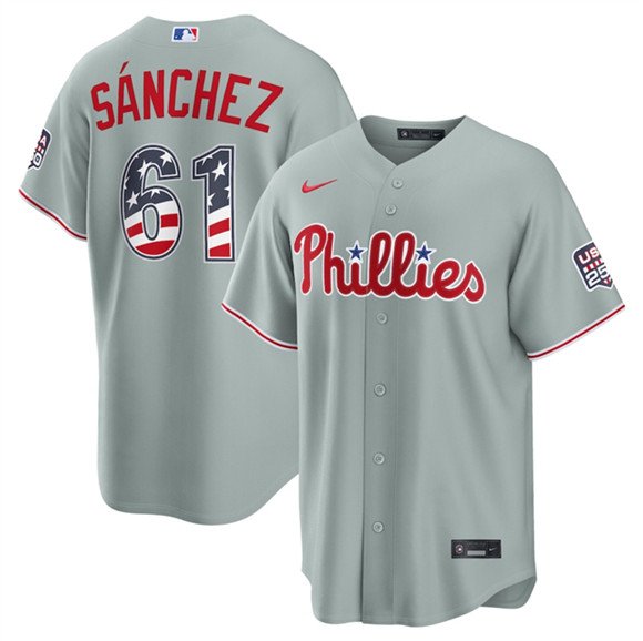Men's Philadelphia Phillies 61 Jhoan Durán Gray USA 250 Fourth of July Home Stitched Baseball Jersey