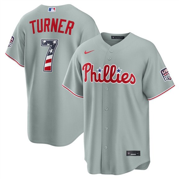 Men's Philadelphia Phillies 7 Trea Turner Gray USA 250 Fourth of July Home Stitched Baseball Jersey